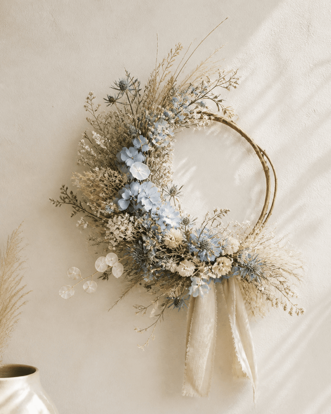 Floraler Kranz mit hellblauen und weißen Trockenblumen