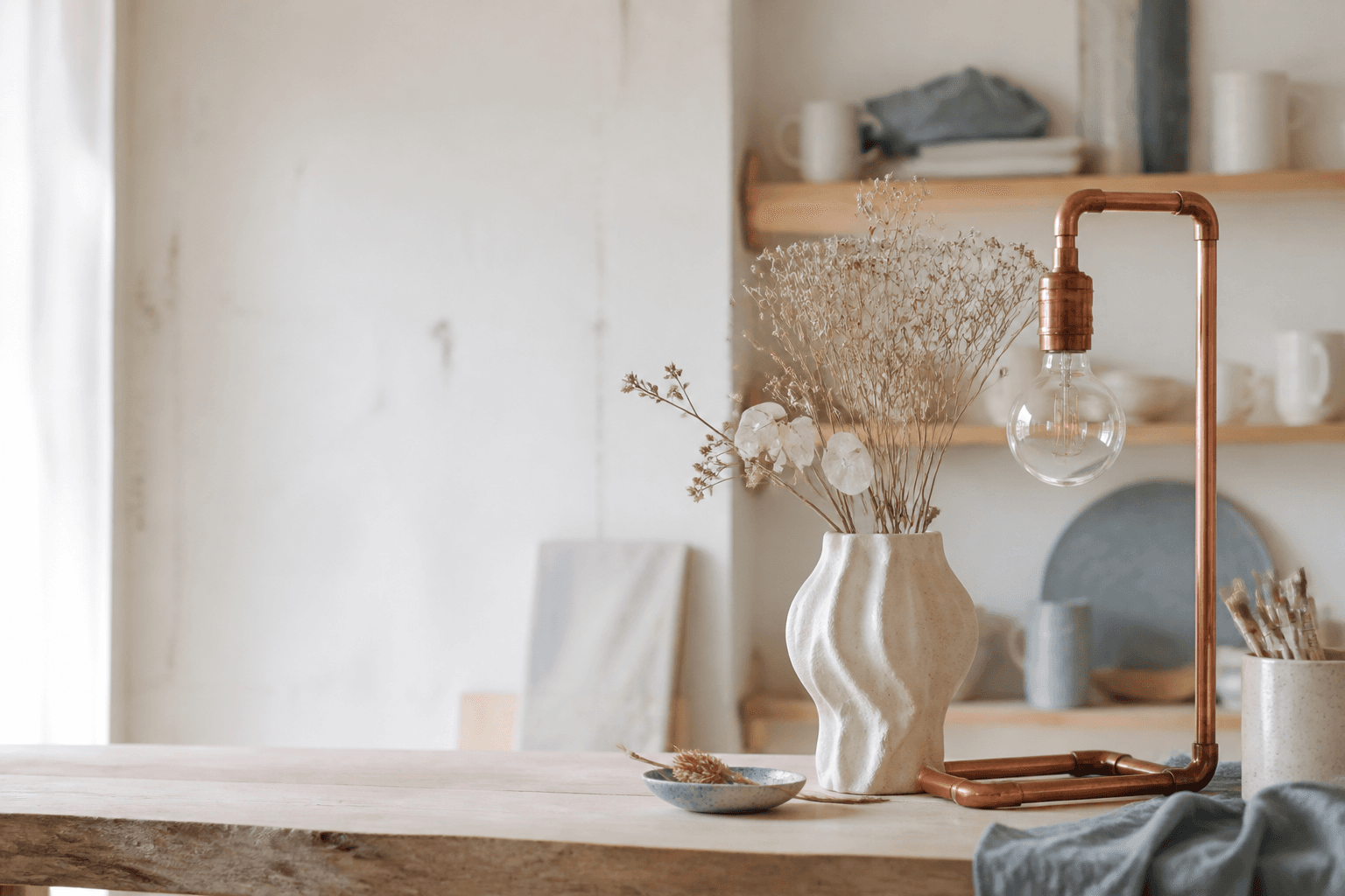 Helles Kreativatelier mit Gipsvase, Trockenblumen und Kupferrohrlampe